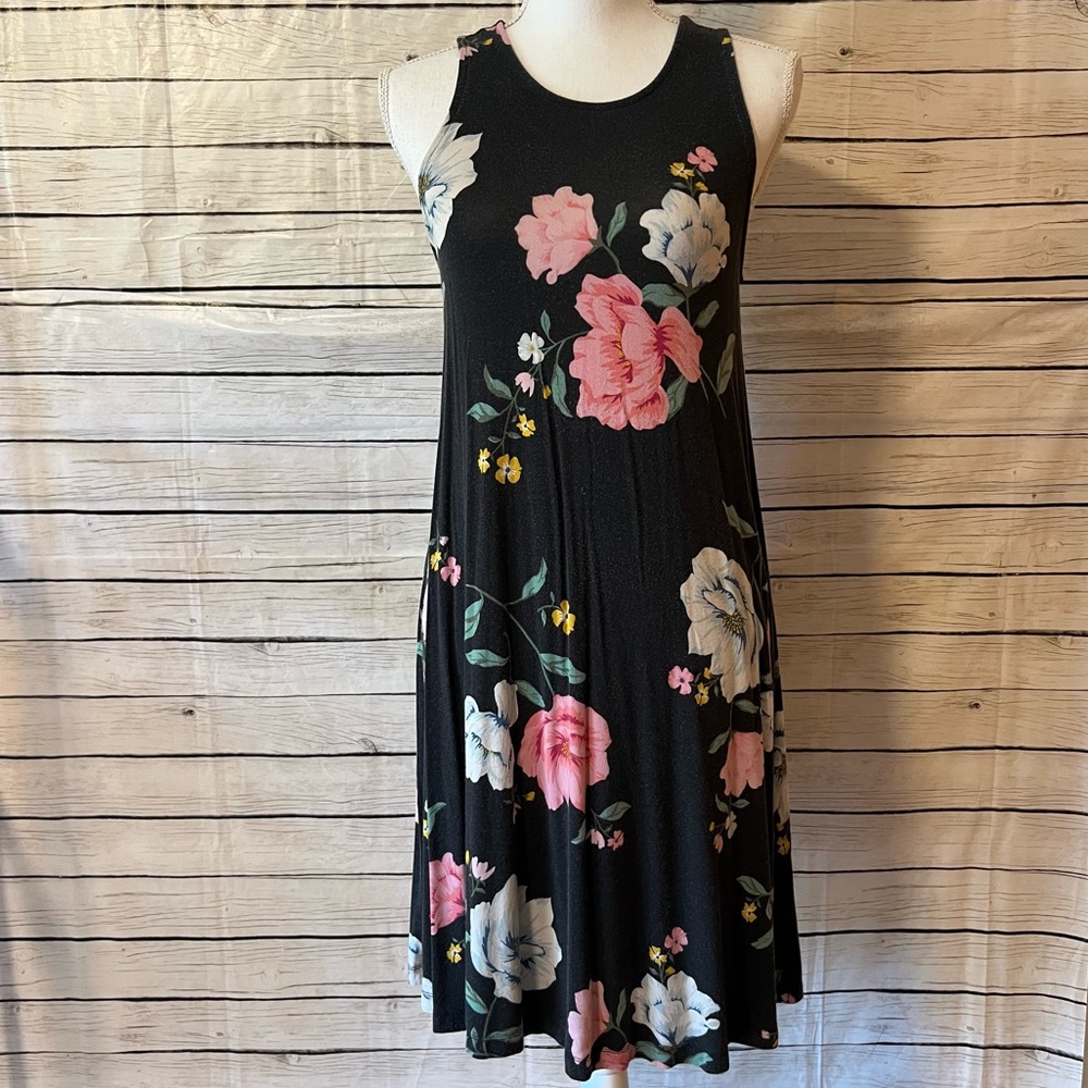 Old Navy Pink and Black Floral A-Line T-Shirt Knee Length Dress